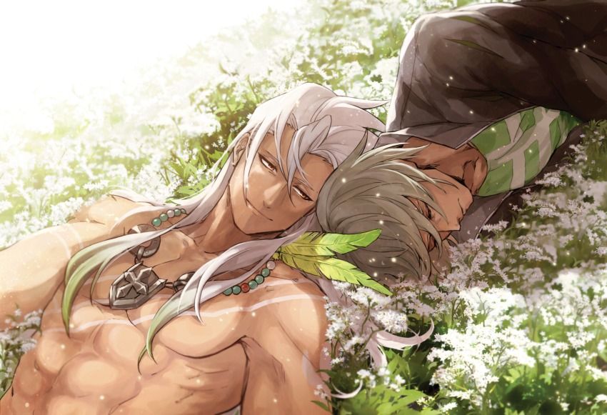 2boys black_coat brown_eyes chest_tattoo coat dezel_(tales) closed_eyes feathers flower grass grey_hair hair_between_eyes highres jewelry long_hair lying male_focus multiple_boys muscular necklace nidue on_back on_side topless_male smile tales_of_(series) tales_of_zestiria tattoo upper_body white_hair zaveid_(tales)