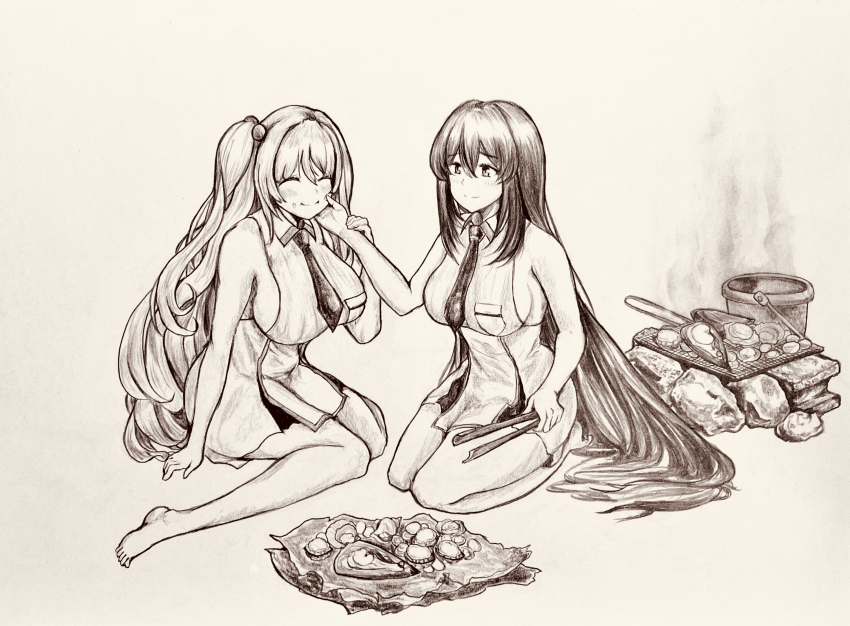 2girls amphitrite_(last_origin) black_hair breasts bucket clam clam_shell closed_eyes closed_mouth cooking dirty fish_(food) grilled_fish grilling hair_ornament hand_on_another&#039;s_face highres holding holding_tongs huge_breasts korean_text large_breasts last_origin long_hair military_uniform monochrome multiple_girls necktie net one_side_up salacia_(last_origin) seiza siblings sideboob sisters sitting tareme tongs traditional_media very_long_hair wariza ysh1450