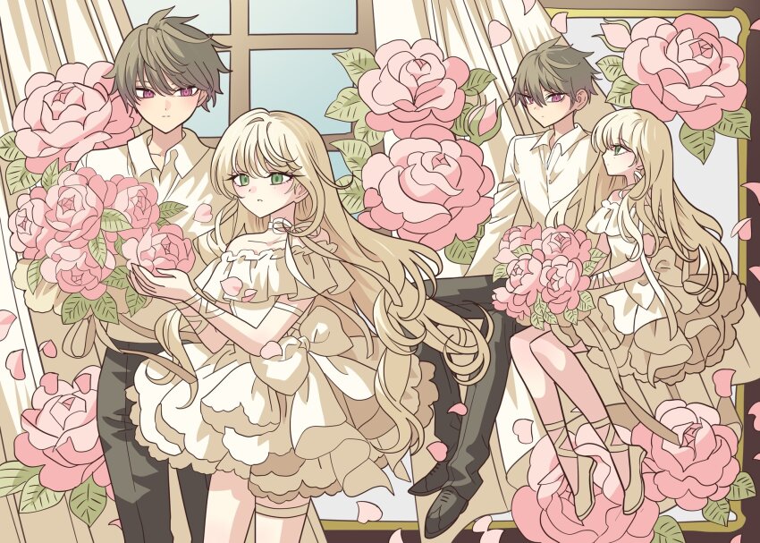 1boy 1girl black_pants blonde_hair brown_hair closed_mouth collared_shirt commission curtains dress flower frilled_dress frills full_body green_eyes hands_up highres ichikawa_reno kaijuu_no._8 long_hair long_sleeves meremero original pants pink_flower pink_rose rose second-party_source shirt shoes short_hair sitting smile white_dress white_shirt window