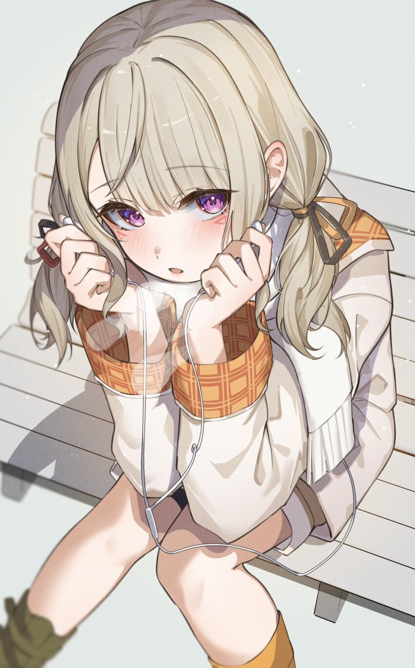 1girl bench blonde_hair breath earphones facial_mark feet_out_of_frame from_above hair_ribbon highres holding holding_earphones jacket komori_met long_sleeves low_twintails official_alternate_costume purple_eyes ribbon ringozeri scarf shorts sidelocks simple_background sitting solo twintails virtual_youtuber vspo! white_scarf wooden_bench