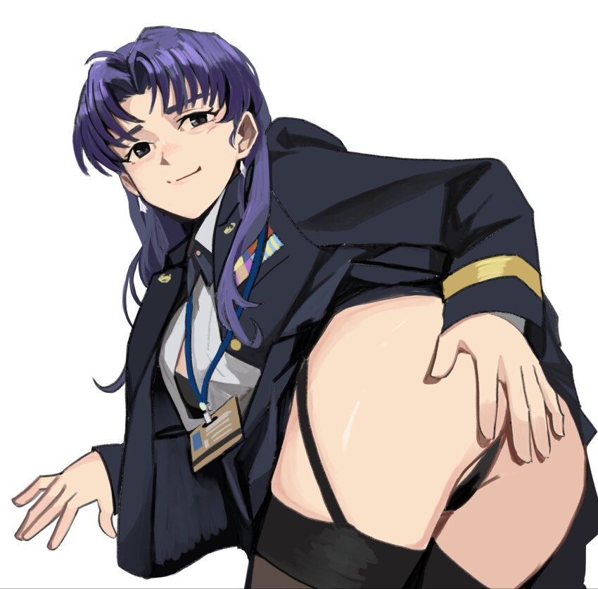 1girl ass bent_over black_bra black_garter_straps black_jacket black_panties bra bra_peek breasts closed_mouth collared_shirt come_hither commentary female_focus from_behind garter_straps hand_on_own_ass highres id_card jacket katsuragi_misato lanyard long_hair long_sleeves looking_at_viewer military_dress_uniform neon_genesis_evangelion panties parted_bangs purple_hair ribbon_bar shirt simple_background smile solo symbol-only_commentary thighs thong underwear wani_(perfect_han) white_background white_shirt