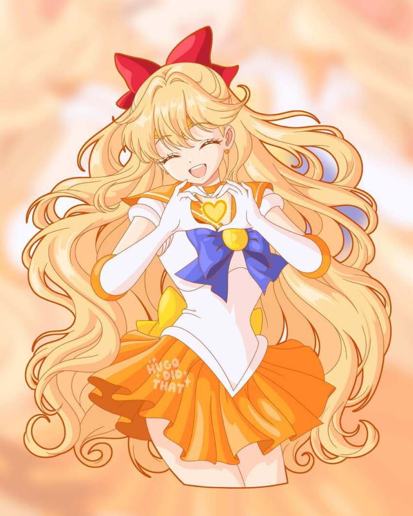 1girl aino_minako bishoujo_senshi_sailor_moon blonde_hair blue_eyes bow closed_eyes earrings gloves heart heart_hands hugo.did.that jewelry long_hair miniskirt red_bow sailor_venus skirt very_long_hair