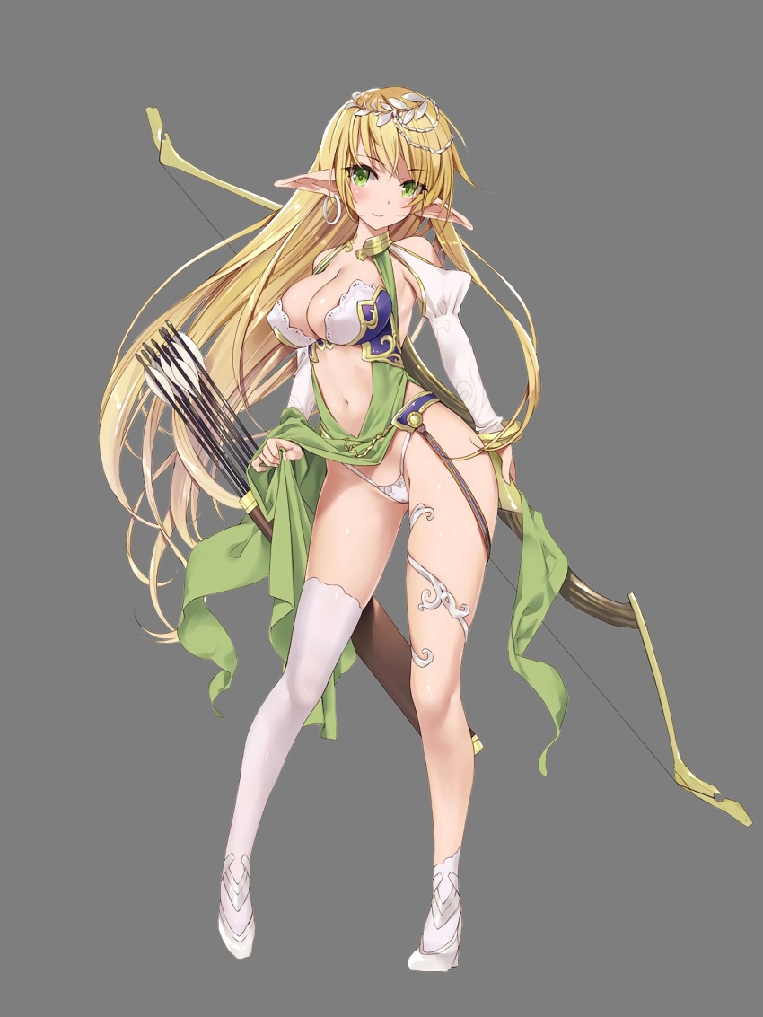 1girl arrow_(projectile) asymmetrical_legwear blonde_hair blush bow_(weapon) breasts earrings elf elf_village flower flower_on_head full_body green_eyes grey_background high_heels highres jewelry large_breasts long_hair navel pointy_ears single_thighhigh smile thighhighs tsurusaki_takahiro weapon