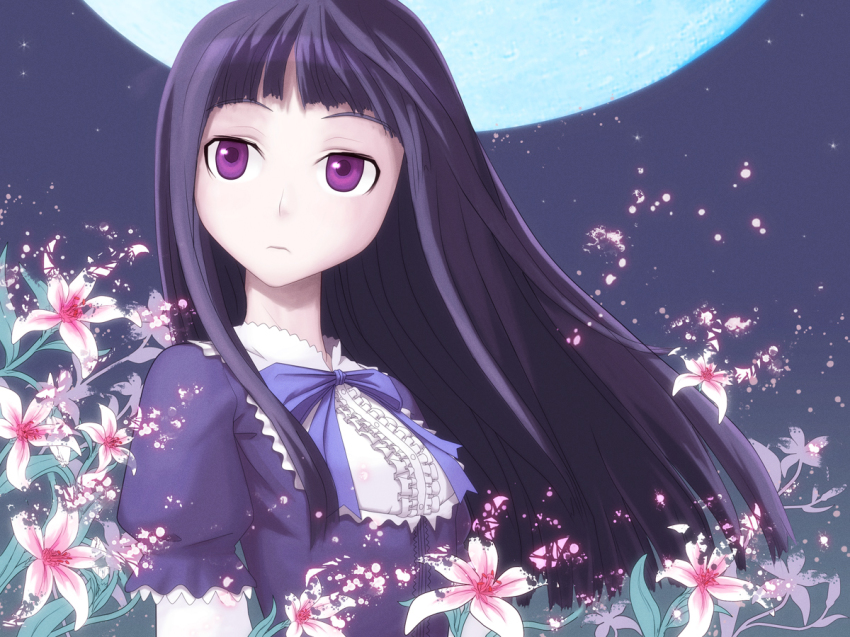 1girl 808 bad_id bad_pixiv_id blue_hair dissolving expressionless female_focus floating_hair flower frederica_bernkastel frills full_moon lily_(flower) long_hair looking_away moon neck_ribbon no_naku_koro_ni_(series) purple_eyes ribbon ryuukishi07 solo umineko_no_naku_koro_ni very_long_hair