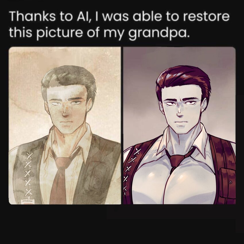 1boy ai-generated_art_(topic) between_pectorals black_background black_hair black_vest comparison english_text highres huge_pectorals id_photo kazunumo limbus_company looking_at_viewer male_focus meme meursault_(project_moon) necktie necktie_between_pectorals partially_colored pectorals project_moon puffy_chest red_necktie sepia shirt short_hair solo twitter_screenshot upper_body vest white_shirt