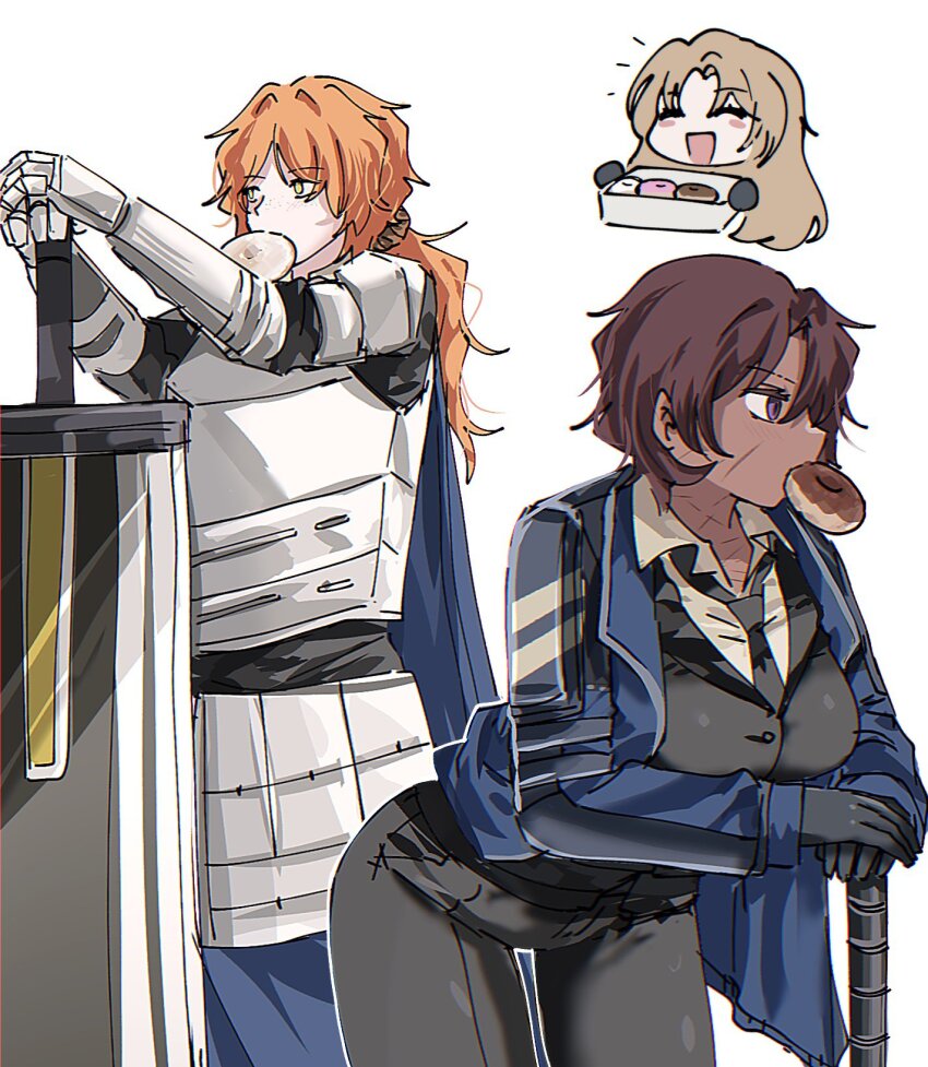 1boy 2girls black_jacket black_vest breasts brown_hair brown_ribbon doughnut food genderswap genderswap_(ftm) genderswap_(mtf) hair_ribbon heathcliff_(project_moon) highres ishmael_(project_moon) jacket large_breasts leaning_forward limbus_company long_hair looking_to_the_side low_ponytail mouth_hold multiple_girls ngancurindunia orange_hair parted_bangs project_moon purple_eyes recursive_genderswap ribbon rodion_(project_moon) short_hair sword vest weapon zwei_association_(identity)_(project_moon) zweihander