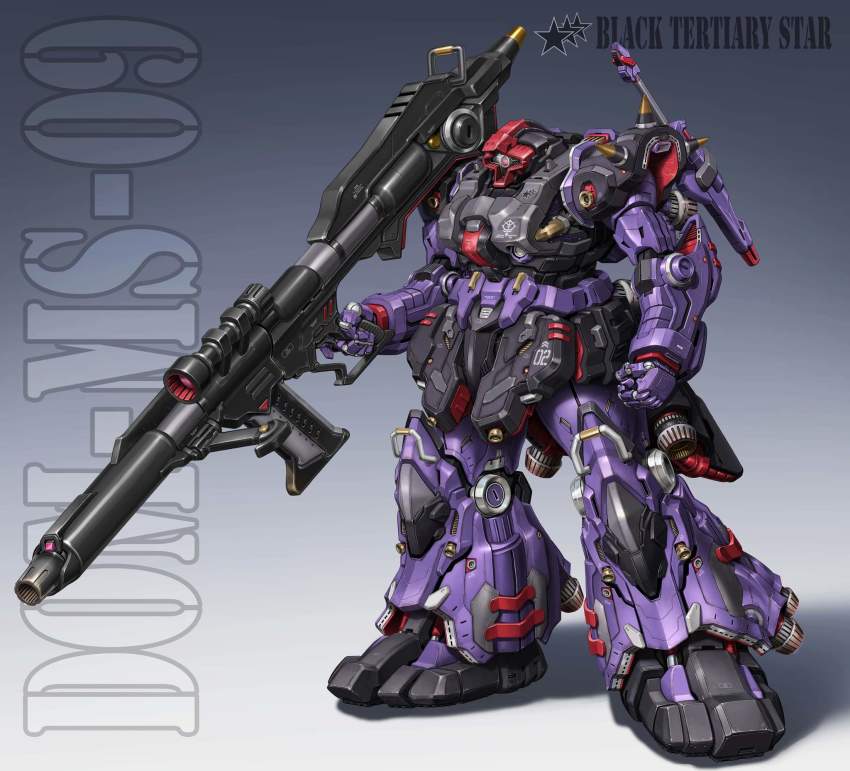 clenched_hand dom_(mobile_suit) gradient_background gun gundam highres holding holding_gun holding_weapon maeda_hiroyuki mecha mobile_suit mobile_suit_gundam no_humans one-eyed pink_eyes robot shadow solo weapon zeon