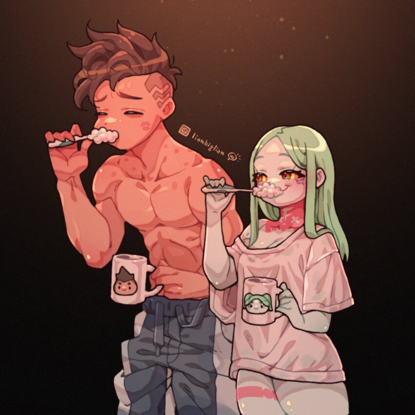 1boy 1girl borrowed_clothes breasts brushing_teeth coffee_mug colored_skin cup cyberpunk_(series) cyberpunk_edgerunners cyborg david_martinez highres lianbiglian mug neck_tattoo oversized_limbs rebecca_(cyberpunk) red_pupils smile tattoo toothbrush topless_male