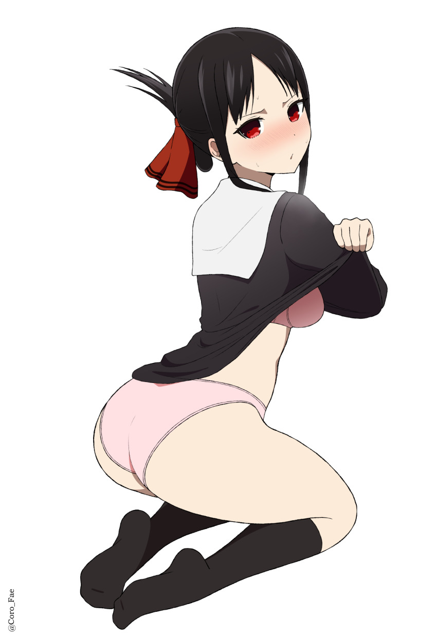 1girl ass black_dress black_hair black_socks blush bra breasts clothes_lift coro_fae dress dress_lift folded_ponytail hair_ribbon highres kaguya-sama_wa_kokurasetai_~tensai-tachi_no_renai_zunousen~ kneehighs kneeling lifting_own_clothes looking_at_viewer medium_breasts no_shoes paid_reward_available panties parted_bangs parted_lips pink_bra pink_panties red_eyes red_ribbon ribbon school_uniform shinomiya_kaguya short_hair shuuchiin_academy_school_uniform sidelocks simple_background socks solo sweat turning_head twitter_username underwear wedgie white_background