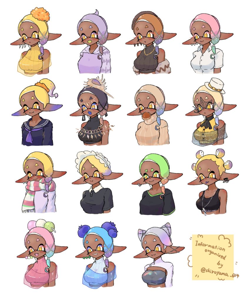 1girl blonde_hair breasts cleavage colored_tongue dark-skinned_female dark_skin earrings frye_(splatoon) gradient_hair highres jewelry large_breasts multicolored_hair multiple_earrings multiple_persona nintendo official_alternate_costume official_alternate_hairstyle pink_hair pointy_ears purple_hair sailor_collar scarf school_uniform shawl shiroyama_014 short_eyebrows smile splatoon_(series) splatoon_3 sports_bra tentacle_hair tooth_earrings very_long_ears yellow_eyes yellow_shawl