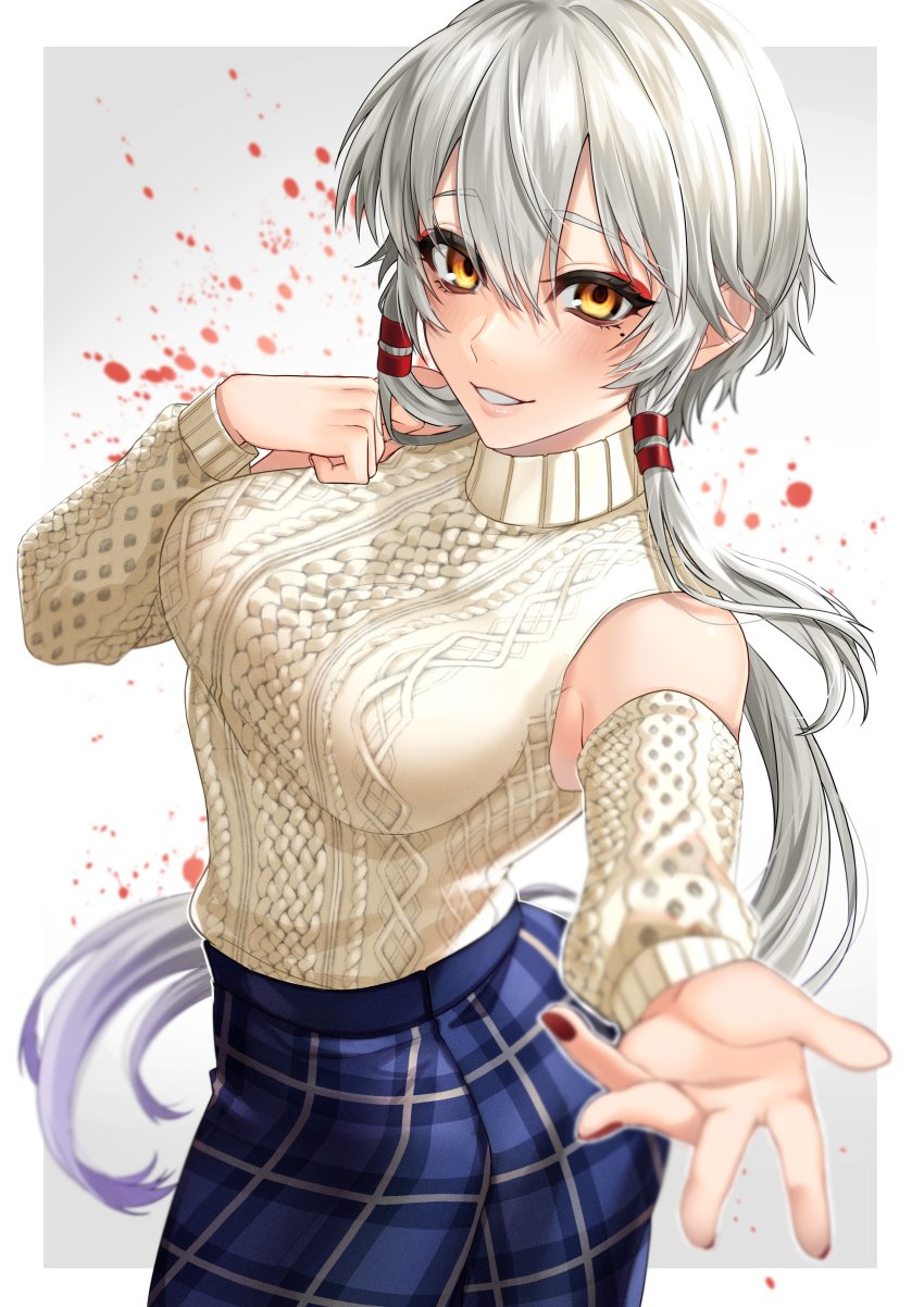 1girl absurdres breasts eyebrows_hidden_by_hair falling_petals grey_hair hair_between_eyes highres long_hair looking_at_viewer nail_polish open_mouth original petals reaching reaching_towards_viewer skirt smile solo sweater tatsuma_daisuke twintails