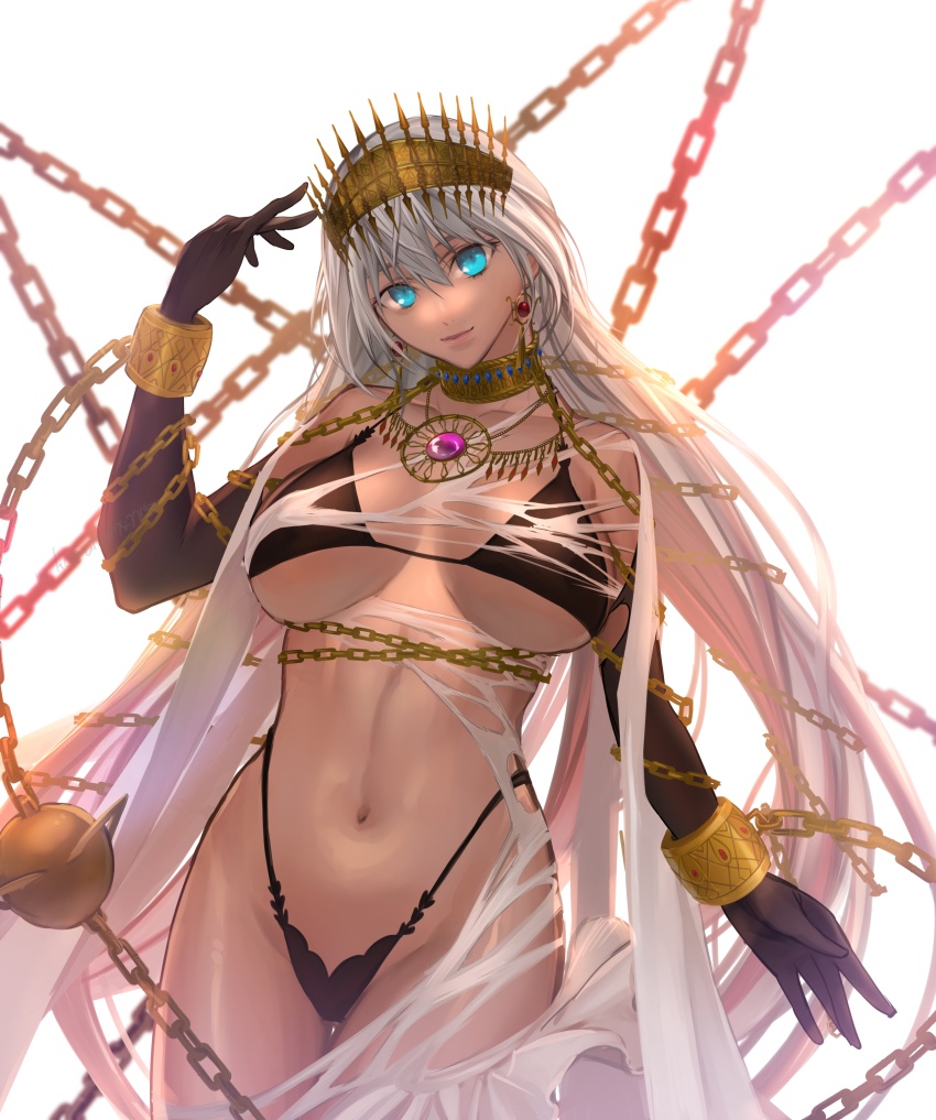 absurdres bikini black_bikini blue_eyes chain elbow_gloves fate/grand_order fate_(series) gem gloves gold_chain gold_choker highleg highleg_panties highres jewelry long_hair multicolored_hair navel panties pink_hair ri-ko smile swimsuit tan tiara torn_clothes underwear very_long_hair white_hair zenobia_(fate)