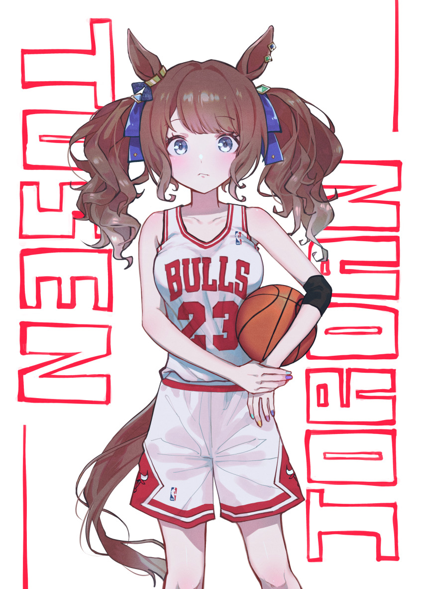 1girl absurdres animal_ears ball bare_shoulders basketball_(object) basketball_uniform blue_eyes blue_ribbon breasts brown_hair character_name chicago_bulls commentary cosplay cowboy_shot hair_ribbon highres horse_ears horse_girl horse_tail long_hair looking_at_viewer medium_breasts michael_jordan michael_jordan_(cosplay) name_connection national_basketball_association ribbon shironism solo sportswear tail tosen_jordan_(umamusume) twintails umamusume