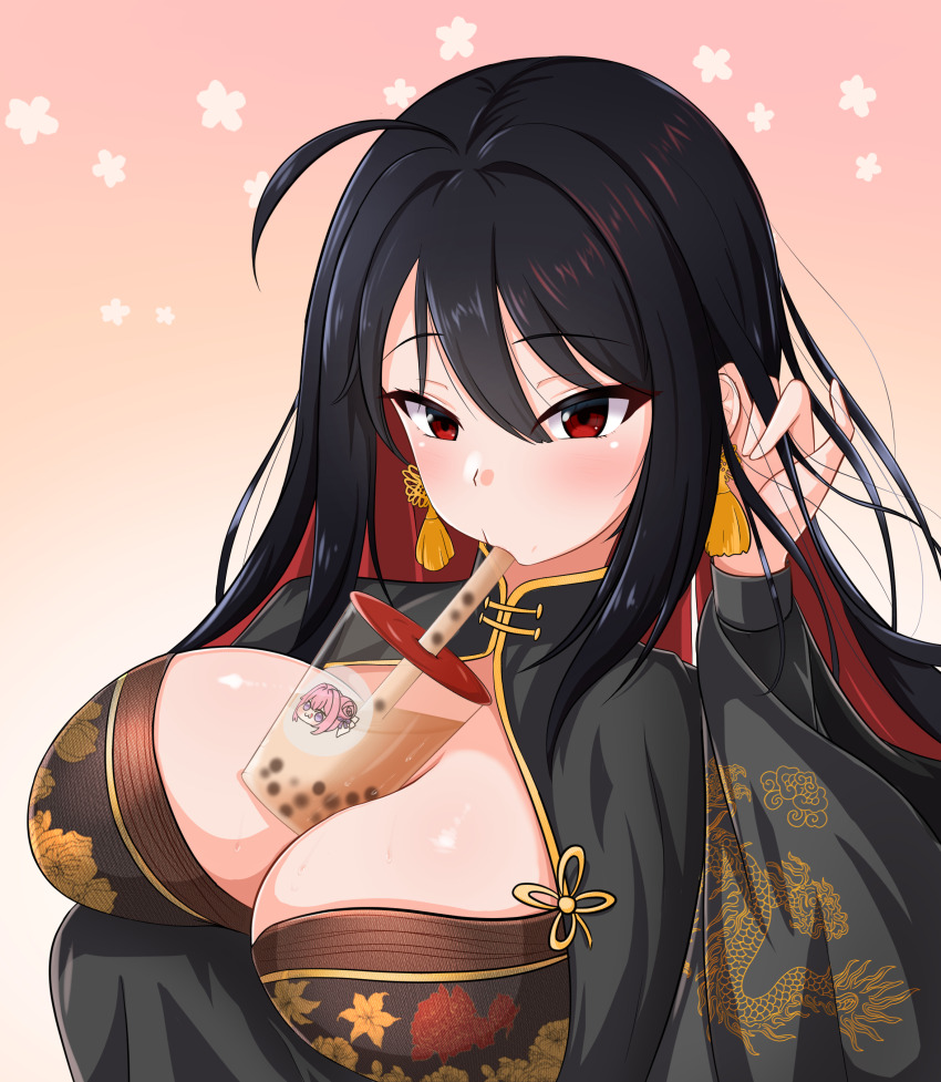 1girl ahoge black_hair blush breasts bubble_tea bubble_tea_challenge by_(wawa) cleavage doro_(nikke) dragon_print drinking_straw earrings flower_print goddess_of_victory:_nikke gradient_background jewelry large_breasts long_hair moran_(nikke) pink_background red_eyes