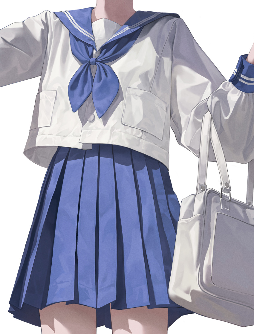 1girl absurdres bag blue_neckerchief blue_sailor_collar blue_skirt commentary english_commentary fine_fabric_emphasis head_out_of_frame highres jaeun_38 korean_commentary long_sleeves making-of_available mixed-language_commentary neckerchief non-web_source photo-referenced pleated_skirt psd_available puffy_long_sleeves puffy_sleeves sailor_collar sailor_shirt school_bag school_uniform serafuku shirt simple_background skirt solo white_background white_bag white_shirt