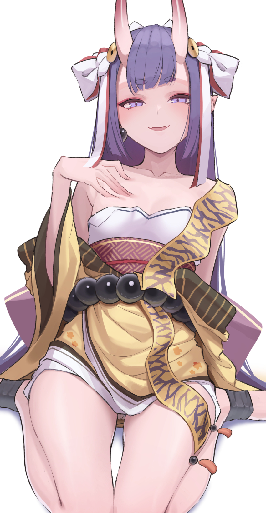 1girl absurdres alternate_hair_length alternate_hairstyle bare_shoulders bead_belt breasts cosplay earrings eyeliner fate/grand_order fate_(series) gamangajo highres horns ibaraki_douji_(fate) japanese_clothes jewelry kimono long_hair long_sleeves looking_at_viewer makeup obi off_shoulder oni purple_eyes purple_hair sash shuten_douji_(fate) skin-covered_horns small_breasts wide_sleeves yellow_kimono