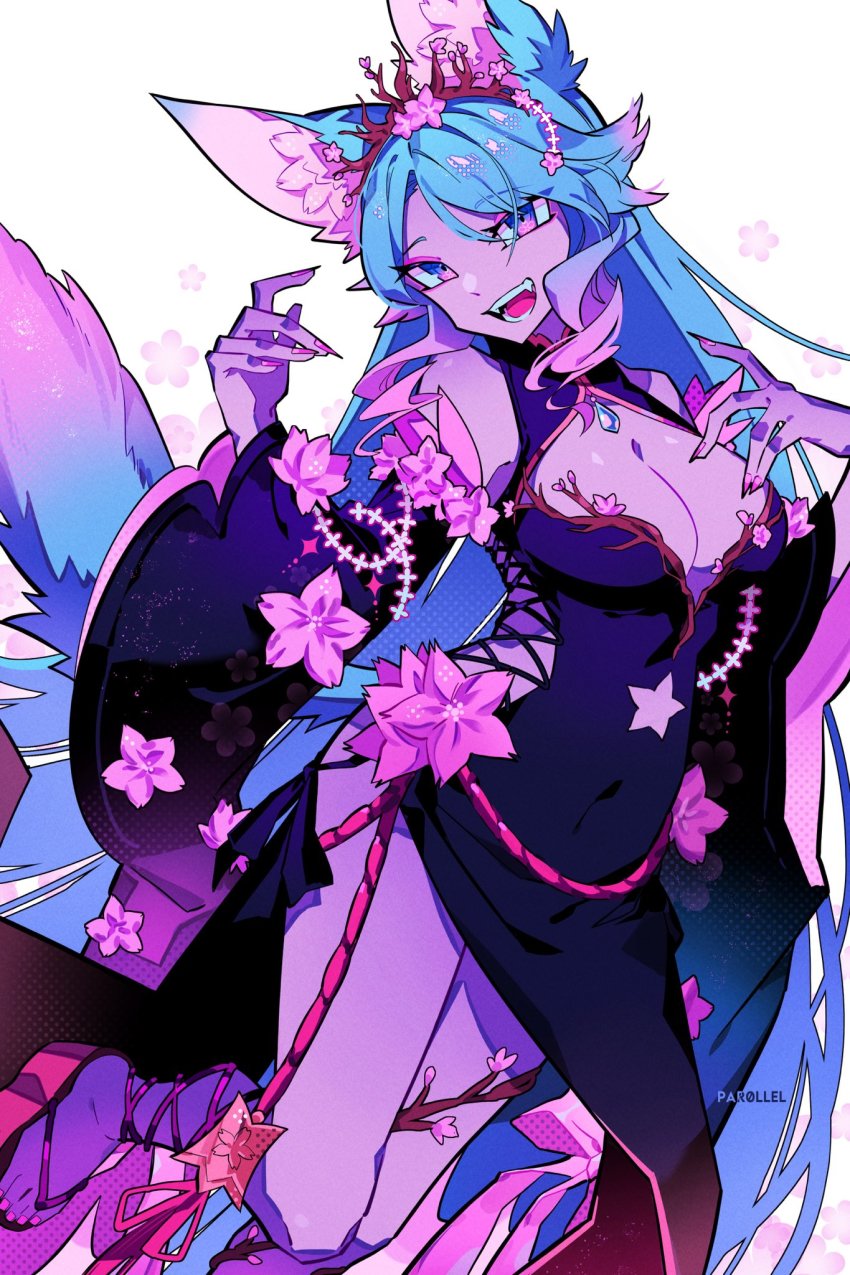 1girl :d animal_ear_fluff animal_ears artist_name black_kimono blue_eyes blue_hair branch breasts cherry_blossom_print cherry_blossoms cleavage cleavage_cutout clothing_cutout commentary commission covered_navel english_commentary fang floral_print flower flower-shaped_pupils hair_flower hair_ornament hand_on_own_chest highres hip_vent japanese_clothes kimono large_breasts long_hair looking_at_viewer multicolored_hair nail_polish navel open_mouth par0llel pink_hair pink_nails silvervale silvervale_(sakura_goddess) smile streaked_hair symbol-shaped_pupils tail virtual_youtuber vshojo wolf_ears wolf_girl wolf_tail