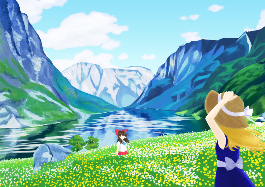 2girls absurdres back_bow bare_arms blue_dress blue_skirt bow brown_hair brown_hat contemporary day dress flower grass hair_bow hakurei_reimu haruki_reimari hat hat_ribbon highres kirisame_marisa lake looking_at_another mountainous_horizon multiple_girls outdoors red_bow red_skirt ribbon rock shirt skirt sleeveless sleeveless_dress straw_hat touhou tree water white_bow white_flower white_ribbon white_shirt yellow_flower