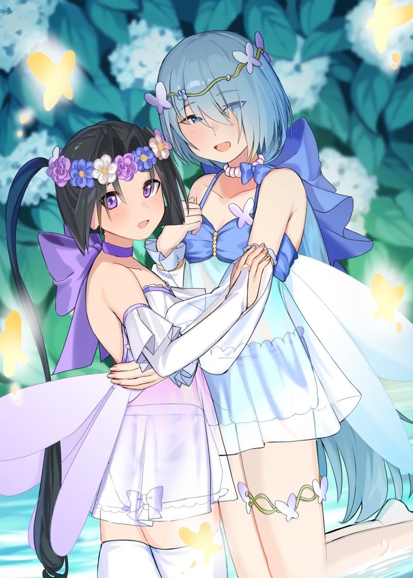 2boys :d absurdres alternate_costume babydoll black_hair blue_bow blue_eyes blue_flower blue_hair blurry blurry_background blush bow bow_shorts bug butterfly butterfly_brooch butterfly_hair_ornament collarbone crossdressing curtained_hair dress elbow_gloves eyes_visible_through_hair fairy_wings feet_out_of_frame flower frilled_arm_warmers frilled_gloves frills fubuki_(nige_jouzu_no_wakagimi) gloves glowing_butterfly hair_ornament hair_over_one_eye hand_on_another&#039;s_arm hand_on_another&#039;s_waist hand_on_own_chest head_wreath highres houjou_tokiyuki_(nige_jouzu_no_wakagimi) hug hydrangea insect jewelry kneeling leaf light_blush long_hair looking_at_viewer low-tied_long_hair low_ponytail low_wings male_focus multiple_boys neck_ribbon necklace nige_jouzu_no_wakagimi open_mouth parted_bangs pearl_necklace pectoral_cleavage pectorals pome_56 ponytail purple_bow purple_eyes purple_flower purple_ribbon ribbon ring see-through_babydoll see-through_clothes shorts sidelocks_tied_back smile spaghetti_strap strapless strapless_dress thighhighs thighlet very_long_hair water white_arm_warmers white_flower white_gloves white_thighhighs wings yellow_butterfly