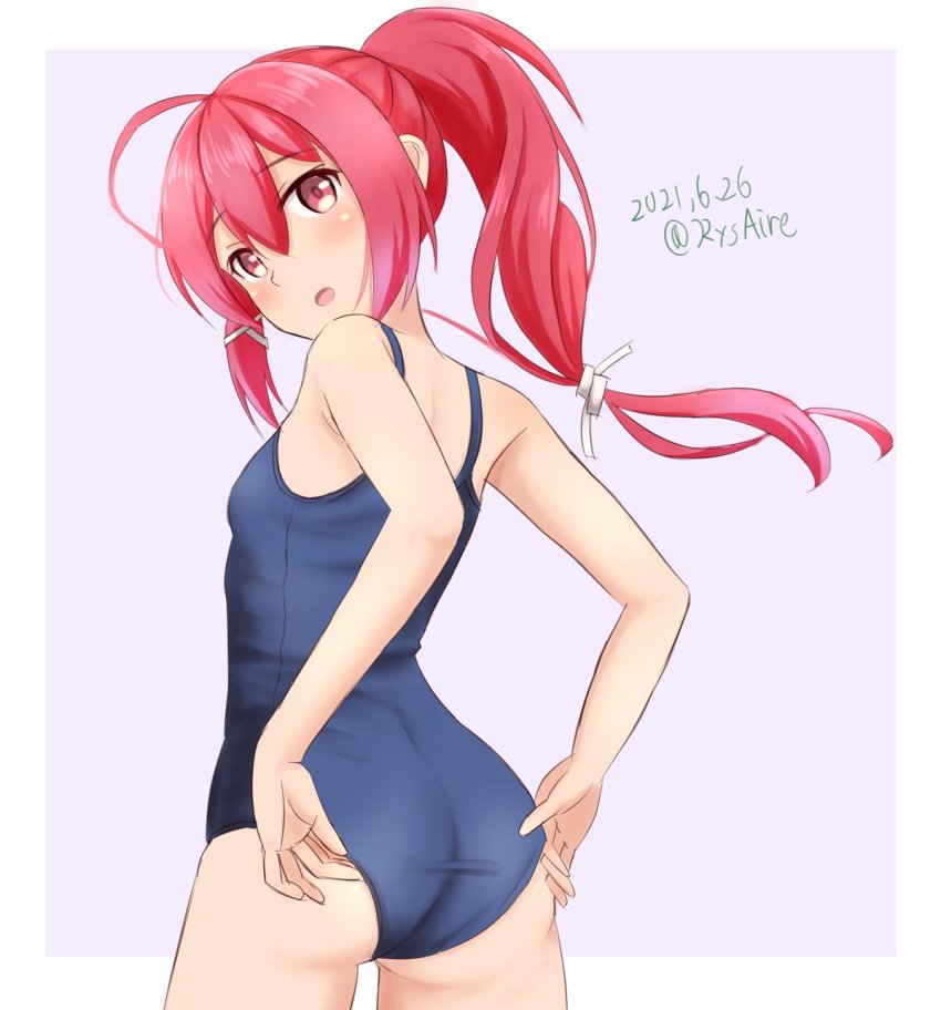 1girl adjusting_clothes adjusting_swimsuit ame-san blue_one-piece_swimsuit border commentary_request cowboy_shot dated from_behind grey_background hair_ribbon highres i-168_(kancolle) kantai_collection long_hair looking_at_viewer looking_back one-hour_drawing_challenge one-piece_swimsuit ponytail red_eyes red_hair ribbon school_swimsuit solo swimsuit two-tone_background white_border