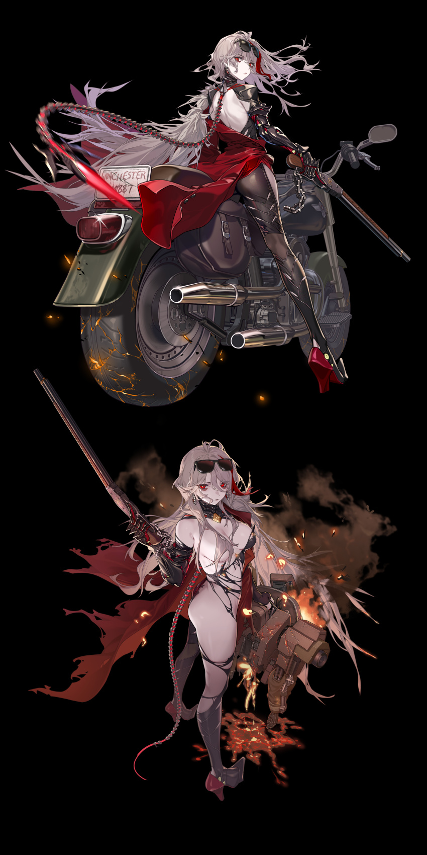 1girl absurdres android back_cutout black_background blonde_hair bodysuit clothing_cutout dress earrings eyewear_on_head from_behind girls&#039;_frontline gun highres hip_vent jewelry looking_at_viewer looking_back m1887_(girls&#039;_frontline) motor_vehicle motorcycle multicolored_hair official_alternate_costume official_art red_dress red_eyes red_hair shotgun smoke solo streaked_hair sunglasses torn_clothes weapon winchester_model_1887 yitiao_er-hua