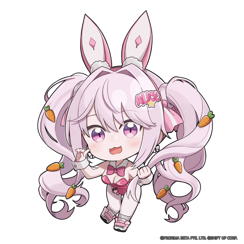 1girl alice_(nikke) alice_(wonderland_bunny)_(nikke) animal_ears bow bowtie breasts carrot_hair_ornament character_name chibi commentary detached_collar english_commentary fake_animal_ears food-themed_hair_ornament full_body goddess_of_victory:_nikke hair_intakes hair_ornament highres leaning_forward leotard light_blush long_hair looking_at_viewer medium_breasts nail_polish no_nose official_art open_mouth pantyhose pink_bow pink_bowtie pink_footwear pink_hair pink_leotard pink_nails playboy_bunny rabbit_ears ribbon_earrings shoes smile sneakers socks star_(symbol) thigh_gap totatokeke traditional_bowtie very_long_hair white_footwear white_socks wrist_cuffs