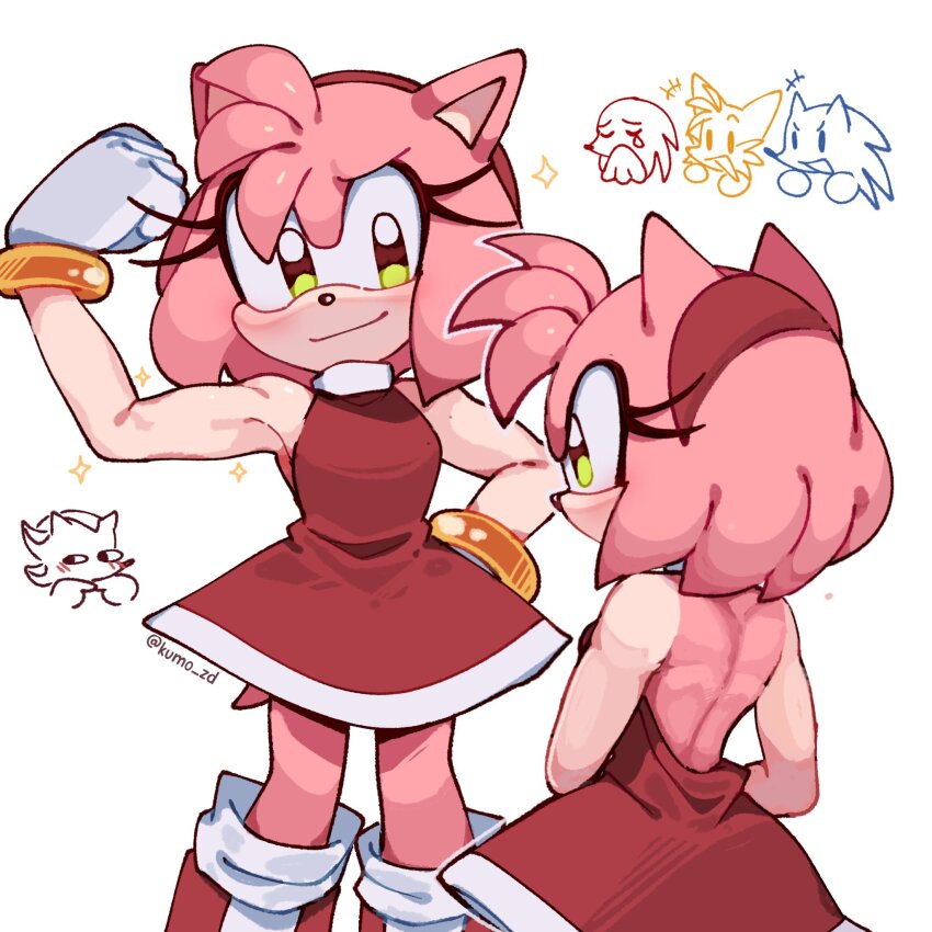 1girl 4boys amy_rose arm_up artist_name back backless_dress backless_outfit boots bracelet dress eyelashes fox_boy furry furry_male gloves gold_bracelet green_eyes hairband hand_on_own_hip hedgehog_boy hedgehog_girl highres jewelry knuckles_the_echidna kumo_zd multiple_boys open_mouth pink_fur red_boots red_dress red_hairband shadow_the_hedgehog sidelocks sleeveless sleeveless_dress smile sonic_(series) sonic_the_hedgehog sparkle tail tails_(sonic) white_gloves