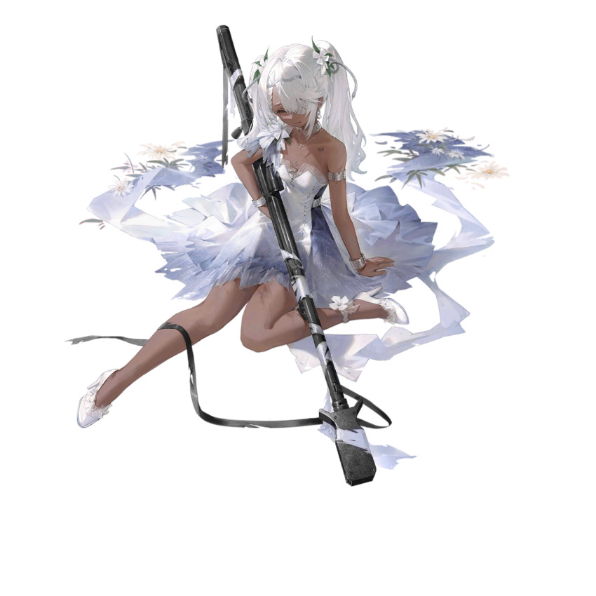 1girl ankle_flower anti-materiel_rifle armlet bare_shoulders blue_stripes bolt_action bracelet breasts closed_eyes closed_mouth dark-skinned_female dark_skin dress eyepatch fingernails flower flower_request frown full_body girls&#039;_frontline grey_nails gun hair_between_eyes hair_flower hair_intakes hair_ornament high_heels highres holding holding_gun holding_weapon hs.50_(girls&#039;_frontline) hs.50_(intoxicating_crystal)_(girls&#039;_frontline) jewelry long_hair necklace official_alternate_costume official_art on_floor outstretched_leg rifle sawamaharu scope silver_armlet silver_bracelet silver_choker simple_background single_bare_leg single_vertical_stripe sitting small_breasts snake_hair_ornament sniper_rifle solo steyr_hs_.50 strapless strapless_dress striped_clothes striped_dress third-party_source torn_clothes torn_dress transparent_background twintails weapon white_dress white_flower white_footwear white_hair wilted_flower