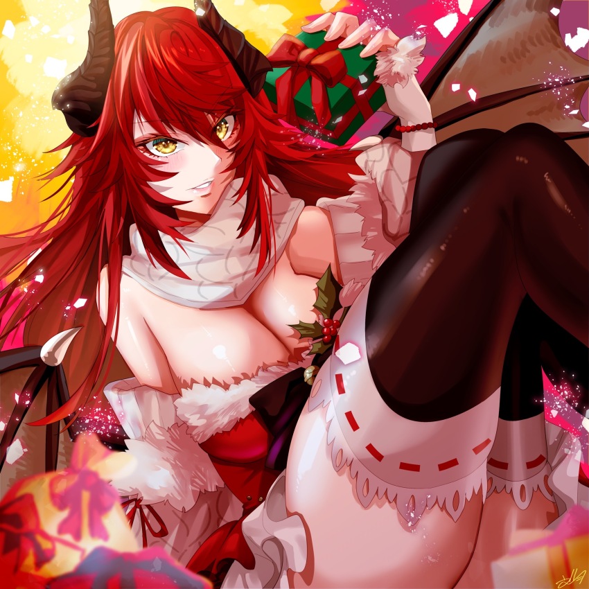 1girl black_thighhighs breasts christmas_present cleavage closed_mouth dragon_girl dragon_horns dragon_wings dress fumizuki_kazuhito fur-trimmed_dress fur_trim gift highres holding holding_gift horns large_breasts long_hair looking_at_viewer santa_costume santa_dress scarf smile solo thighhighs virtual_youtuber vshojo white_scarf wings yellow_eyes zentreya zentreya_(dragon)