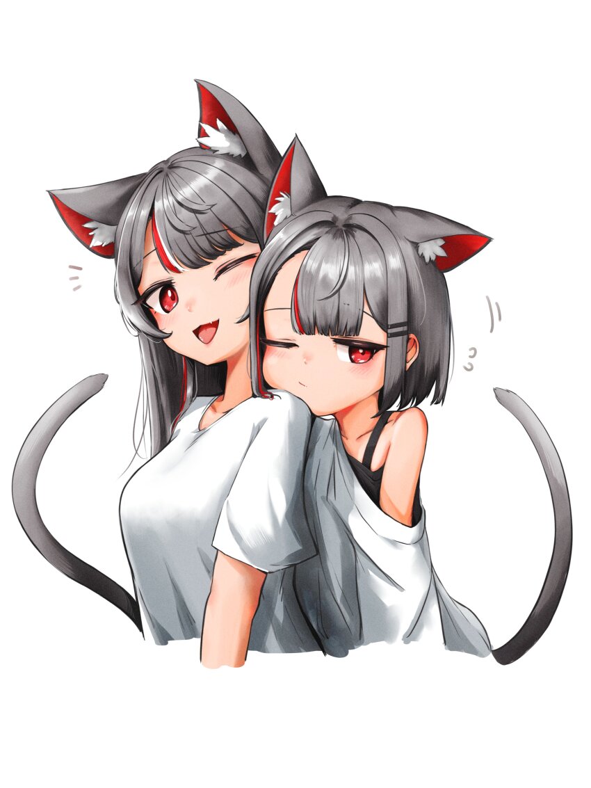 2girls ;d absurdres animal_ears black_camisole breasts camisole cat_ears cat_girl cat_tail dual_persona extra_ears grey_hair head_on_another&#039;s_shoulder highres long_hair looking_at_viewer medium_breasts multicolored_hair multiple_girls neneko_mashiro off_shoulder one_eye_closed open_mouth oversized_clothes oversized_shirt red_eyes red_hair shirt short_hair short_sleeves simple_background smile sseonyu stellive streaked_hair tail virtual_youtuber white_hair white_shirt