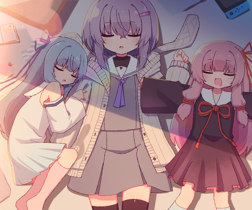 3girls :d a.i._voice bare_shoulders black_dress black_sleeves black_thighhighs blue_dress blue_hair blue_ribbon blue_socks blunt_bangs book brown_cardigan cardigan closed_eyes commentary dated_commentary detached_sleeves dress drooling fetal_position grey_serafuku grey_shirt grey_skirt hair_ornament hair_ribbon hairclip hibino_000 highres kneehighs kotonoha_akane kotonoha_aoi long_hair long_sleeves lying mouth_drool multiple_girls neckerchief nintendo_switch on_back on_side open_book open_cardigan open_clothes open_mouth outstretched_arms pink_hair pink_socks purple_hair purple_neckerchief red_ribbon ribbon sailor_collar school_uniform serafuku shirt short_hair sidelocks skirt sleeping sleeveless sleeveless_dress smile socks spread_arms thighhighs voiceroid white_sailor_collar white_sleeves yuzuki_yukari yuzuki_yukari_(shizuku)