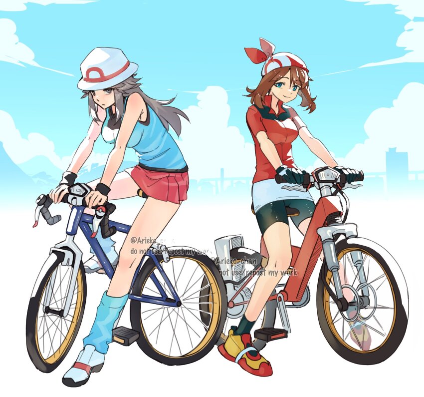 2girls ariekochan bandana bicycle bike_shorts black_shorts blue_eyes blue_shirt brown_eyes brown_hair creatures_(company) full_body game_freak hat highres leaf_(pokemon) long_hair may_(pokemon) miniskirt multiple_girls nintendo pokemon pokemon_frlg pokemon_rse red_bandana red_shirt red_skirt riding riding_bicycle shirt shorts skirt watermark white_hat white_skirt