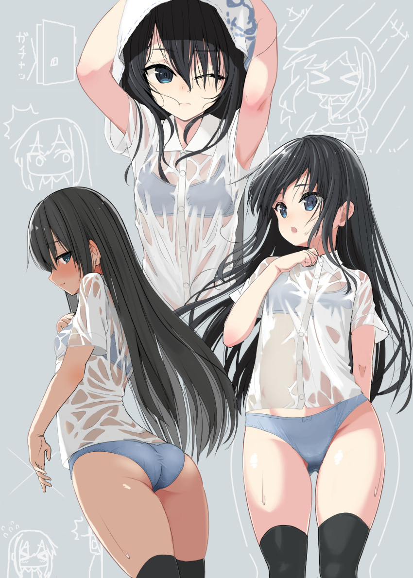 &gt;_&lt; 1girl :o ;( ^_^ armpit_peek arms_up asashio_(kancolle) ass black_thighhighs blue_panties blush chibi chibi_inset closed_eyes collared_shirt door dress_shirt drying drying_hair flat_chest gluteal_fold hand_on_own_chest highres kantai_collection kuronaga long_hair looking_at_viewer looking_back looking_to_the_side multiple_views one_eye_closed panties rain seductive_smile see-through_clothes shirt short_sleeves smile straight_hair thighhighs underwear wet wet_clothes wet_shirt