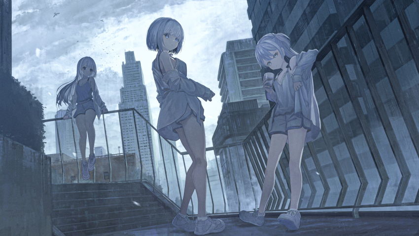 3girls ahoge anzi blue_eyes breasts building camisole closed_mouth cloud cloudy_sky commentary_request cup drinking_glass grey_camisole grey_footwear grey_hair grey_jacket grey_shorts highres holding holding_cup jacket long_hair long_sleeves multiple_girls off_shoulder one_side_up open_clothes open_jacket original outdoors puffy_long_sleeves puffy_sleeves railing shoes short_hair short_shorts shorts sky skyscraper sleeves_past_wrists small_breasts socks stairs very_long_hair white_socks