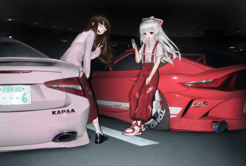 2girls absurdres alternate_footwear bow car fujiwara_no_mokou highres hime_cut holding holding_phone houraisan_kaguya imperishable_night long_hair motor_vehicle mucsmi multiple_girls night night_sky ofuda ofuda_on_clothes pants phone pink_shirt red_eyes red_pants shirt sky suspenders touhou v vehicle_focus white_bow white_hair