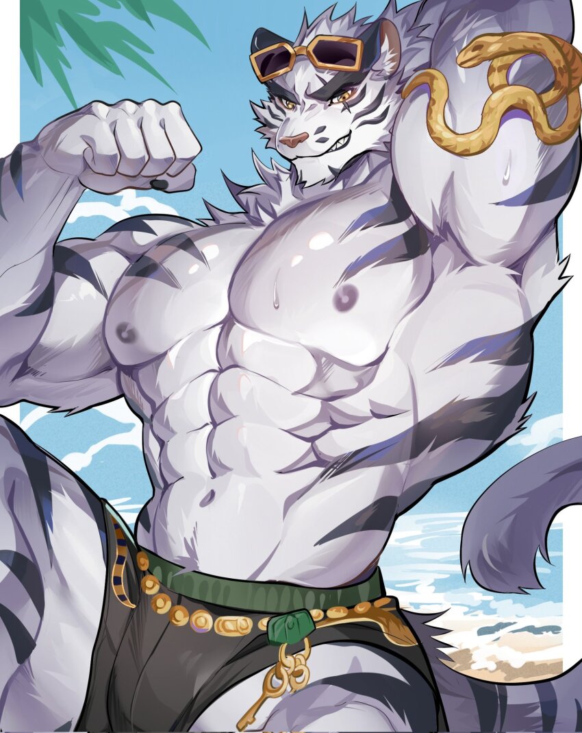 1boy abs animal_ears ao_(chung0u0) arm_up armpits bara bare_pectorals beach black_male_swimwear cat_nose commentary dislyte english_commentary eyewear_on_head flexing furry furry_male grin highres jin_qiu_(ru_shou)_(dislyte) jin_qiu_(ru_shou)_(wild_python)_(dislyte) looking_at_viewer male_focus male_swimwear muscular muscular_male navel nipples ocean palm_tree pectoral_cleavage pectorals presenting_armpit sand scar scar_across_eye smile sunglasses tail tiger tiger_boy tiger_ears tiger_stripes tiger_tail topless_male tree white_fur white_tiger yellow_eyes