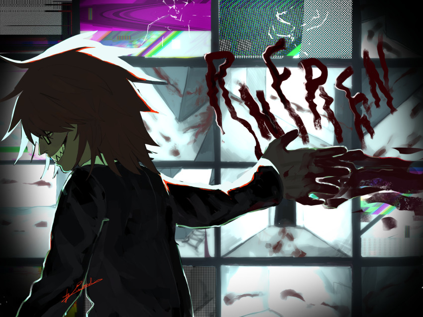 1boy blood blood_on_hands broken_glass brown_hair camera_feed commentary_request eihrdgyybnq6aiw glass glasses gloves grin highres male_focus randal&#039;s_friends randal_ivory security_camera sharp_teeth short_hair smile solo teeth