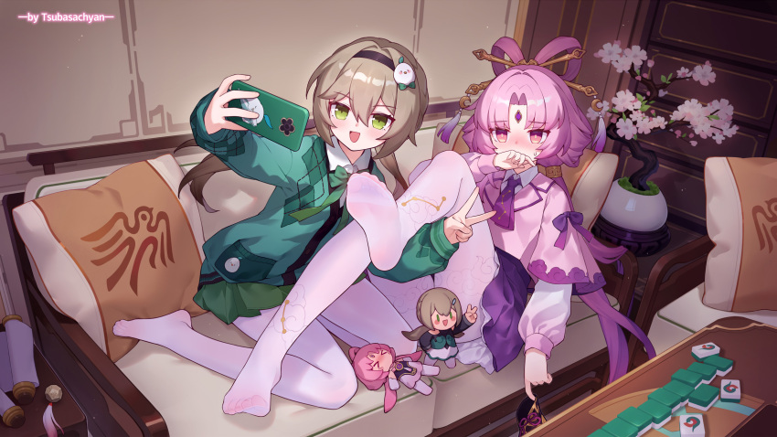 2girls :d blush bonsai brown_hair character_doll couch covering_own_mouth fu_xuan_(honkai:_star_rail) green_eyes hair_ornament hair_stick highres honkai:_star_rail honkai_(series) indoors long_hair long_sleeves multiple_girls no_shoes on_couch open_mouth pantyhose pink_eyes pink_hair qingque_(honkai:_star_rail) selfie smile tsubasa_tsubasa twintails very_long_hair white_pantyhose