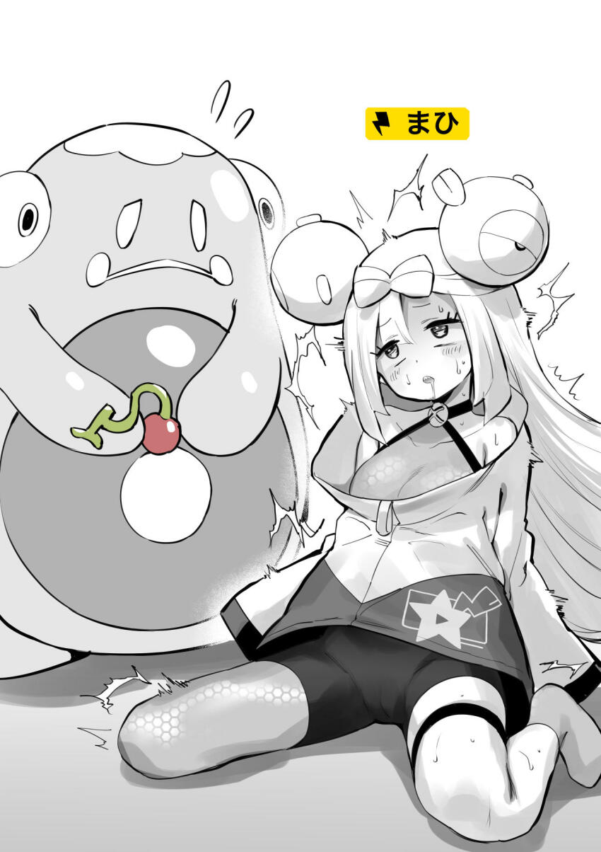 1girl bare_shoulders bellibolt berry_(pokemon) blush bow-shaped_hair breasts character_hair_ornament cheri_berry comic creatures_(company) drooling electricity flying_sweatdrops food fruit game_freak hair_ornament highres hirunagi iono_(pokemon) jacket long_hair long_sleeves low_twintails monochrome nintendo paralysis pokemon pokemon_(creature) pokemon_sv sharp_teeth shorts silent_comic sitting sleeves_past_fingers sleeves_past_wrists small_breasts spot_color teeth translation_request twintails wariza