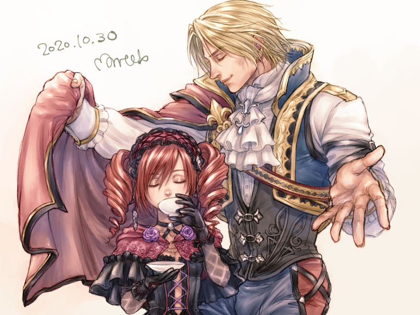 1boy 1girl amy_sorel ascot black_gloves blonde_hair cape closed_eyes cup dated drill_hair drinking father_and_daughter gloves headdress long_hair morito_leaf9 raphael_sorel red_cape red_hair shirt short_hair side_cape simple_background smile soul_calibur soulcalibur soulcalibur_vi teacup twin_drills upper_body white_ascot white_background white_shirt