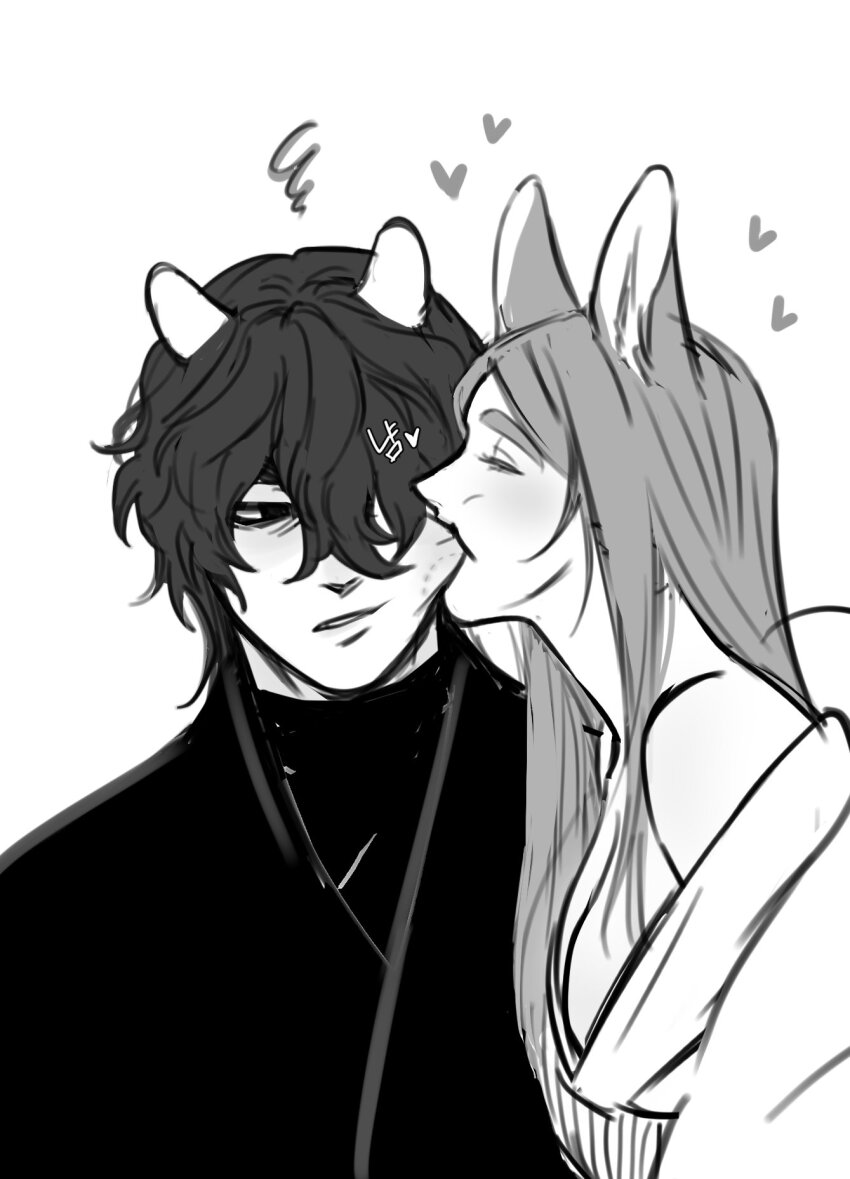 1boy 1girl animal_ears arthurlogansdps bear_boy bear_ears bite_mark bite_mark_on_face biting_another biting_another&#039;s_cheek commentary_request dog_ears dog_girl greyscale hair_over_one_eye hetero highres korean_commentary long_hair looking_at_another loving_aura monochrome original short_hair simple_background turtleneck upper_body white_background