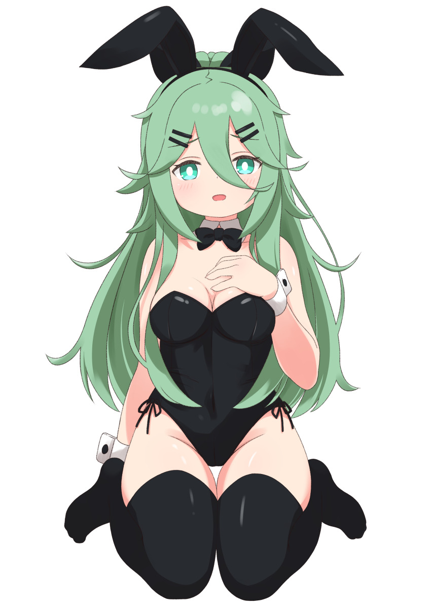 1girl absurdres alternate_costume animal_ears black_bow black_bowtie black_hairband black_leotard black_ribbon black_thighhighs bow bowtie breasts covered_navel detached_collar fake_animal_ears green_eyes green_hair hair_between_eyes hair_ornament hair_ribbon hairband hairclip highleg highleg_leotard highres kantai_collection kokamori leotard long_hair looking_at_viewer medium_breasts open_mouth playboy_bunny rabbit_ears ribbon side-tie_leotard solo strapless strapless_leotard thighhighs traditional_bowtie very_long_hair wrist_cuffs yamakaze_(kancolle)