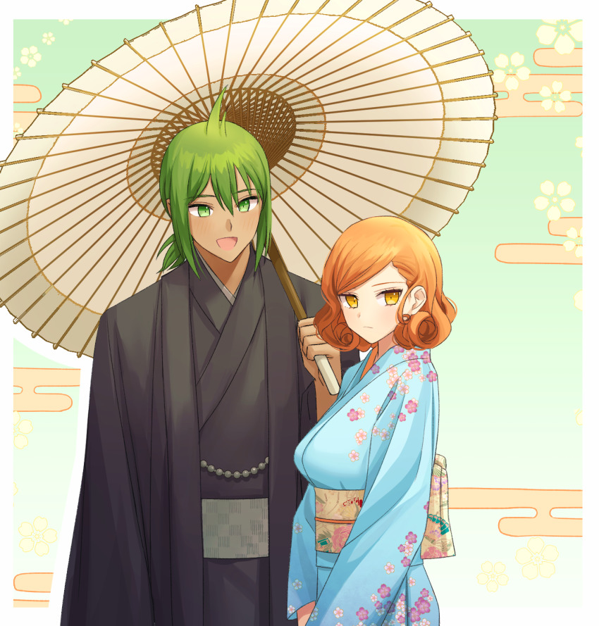 1boy 1girl :d aged_up ahoge alternate_costume black_kimono blue_kimono blush border breasts brown_hair commentary_request danganronpa_another danganronpa_another:_another_despair_academy floral_print from_side frown green_eyes green_hair highres holding holding_umbrella japanese_clothes kimono looking_at_viewer medium_breasts mekaru_rei obi oil-paper_umbrella open_mouth orange_eyes orange_hair otori_teruya ponytail ppakunak sash shared_umbrella short_hair short_ponytail smile super_danganronpa_another_2 umbrella upper_body white_border yellow_eyes