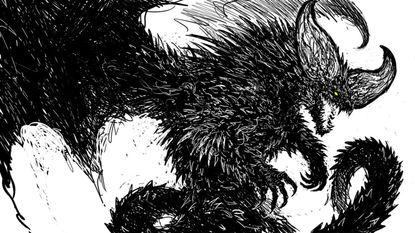 abelardo claws dragon dragon_horns dragon_tail horns huge_horns monochrome monster_hunter monster_hunter:_world monster_hunter_(series) nergigante no_humans open_mouth sharp_teeth spiked_tail spikes spot_color spread_wings tail teeth white_background yellow_eyes