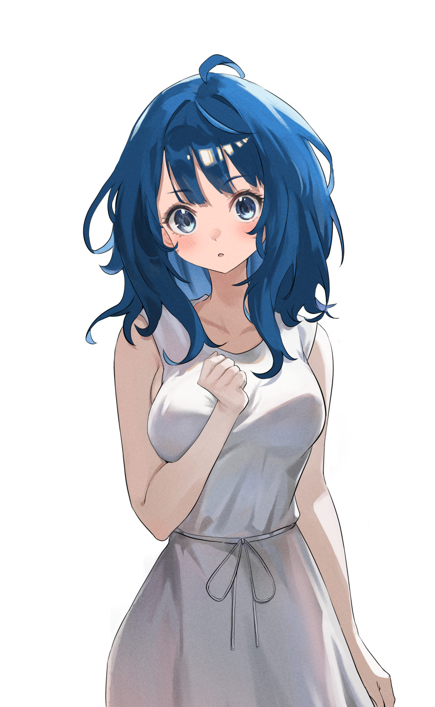 1girl :o absurdres ahoge bare_arms blue_eyes blue_hair blush breast_press breasts collarbone cowboy_shot dress gary_huang hand_up highres looking_at_viewer make_heroine_ga_oo_sugiru! medium_breasts medium_hair simple_background sleeveless sleeveless_dress solo white_background white_dress yanami_anna