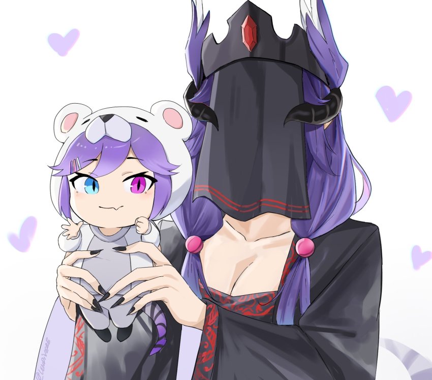 2girls aged_down baby black_nails blue_eyes clenched_hand collarbone commentary english_commentary head_wings heart heterochromia highres horns lendivere lifting_person low_twintails mother_and_daughter multiple_girls nail_polish nijisanji nijisanji_en open_hand purple_eyes purple_hair selen_tatsuki smile tiara twintails veil virtual_youtuber wings