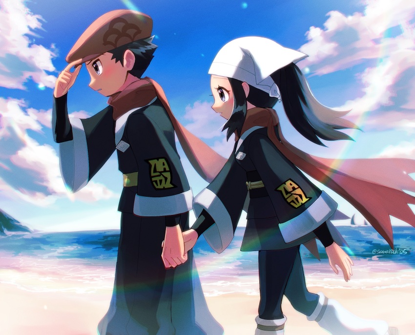 1boy 1girl akari_(pokemon) beach black_eyes black_hair black_kimono black_pants blue_sky blush brown_headwear cloud creatures_(company) floating_hair from_side game_freak highres holding_hands japanese_clothes kimono long_hair nintendo obi ocean open_mouth pants pokemon pokemon_legends:_arceus ponytail profile red_scarf rei_(pokemon) sash sawarabi_(sawarabi725) scarf short_hair sky walking white_headwear