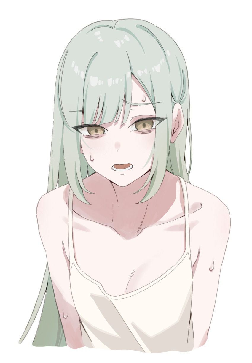 1girl bang_dream! bang_dream!_it&#039;s_mygo!!!!! breasts camisole cleavage collarbone commentary cropped_torso fuchi_(fuchi_1106) green_hair highres long_hair looking_at_viewer lower_teeth_only open_mouth sidelocks simple_background solo spaghetti_strap sweat teeth upper_body wakaba_mutsumi white_background white_camisole yellow_eyes