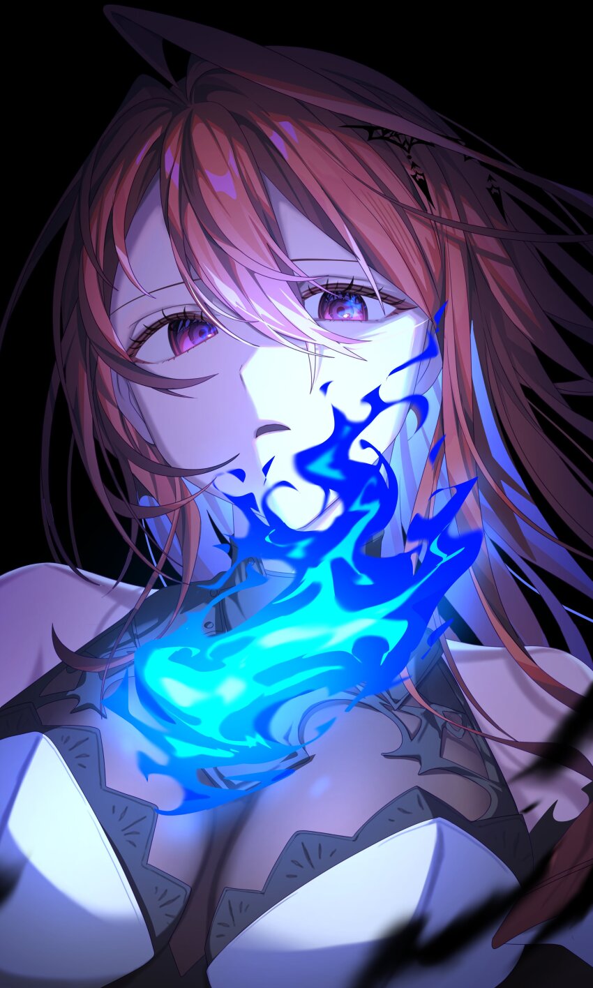 1girl absurdres ahoge black_background blue_fire breasts colored_inner_hair elizabeth_rose_bloodflame elizabeth_rose_bloodflame_(1st_costume) fire highres hololive hololive_english huge_ahoge kio_is_here large_breasts long_hair looking_at_viewer multicolored_hair open_mouth red_eyes red_hair solo upper_body very_long_hair virtual_youtuber