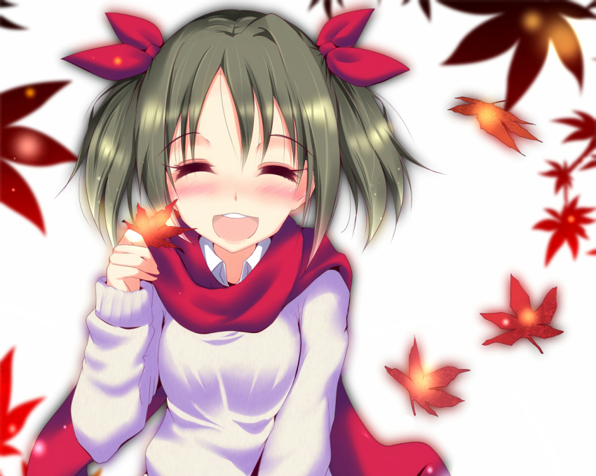 10s 1girl ^_^ blush closed_eyes closed_eyes idolmaster idolmaster_cinderella_girls imai_kana leaf natsu_(anta_tte_hitoha) open_mouth scarf short_hair smile solo sweater twintails